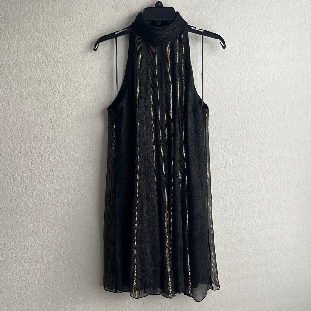 Like New! ABS Allen Schwartz Shimmery Silk Mini Dress Black/Gold in Size M